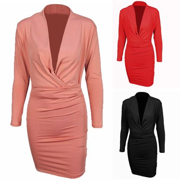 

women long sleeve deep v-neck bodycon midi dress solid cross wrap party clubwear, Black;gray