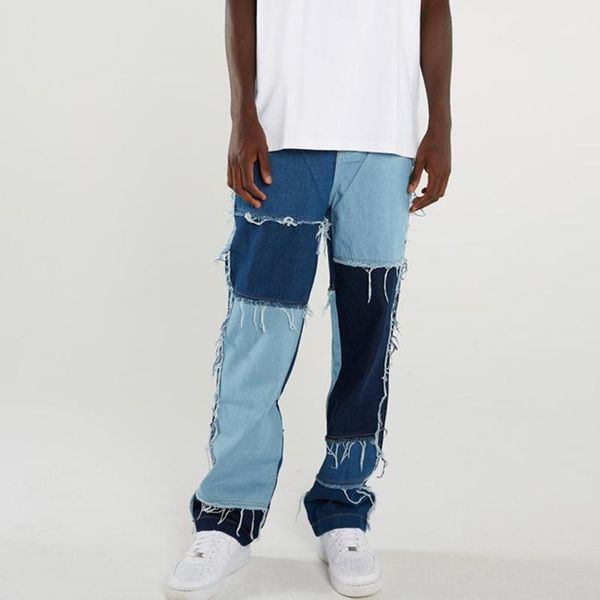 

men wash splice casual straight tassel patchwork jeans trousers male fashion streetwear loose hip hop denim full length pants1, Blue