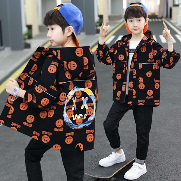 

children's cloth middle school coat korean hooded smile spring face windbreaker boys' reflective cotton zipper fashion, Black