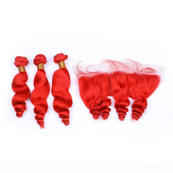 

loose wave red colored indian virgin human hair weaves with frontal bright red human hair 3pcs bundles with lace frontal closure 13x4, Black;brown
