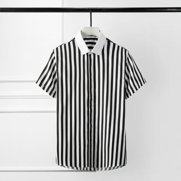

classic striped men shirt trend short sleeve mens dress shirt camisa masculina mens shirts casual slim fit plus size 4xl1, White;black