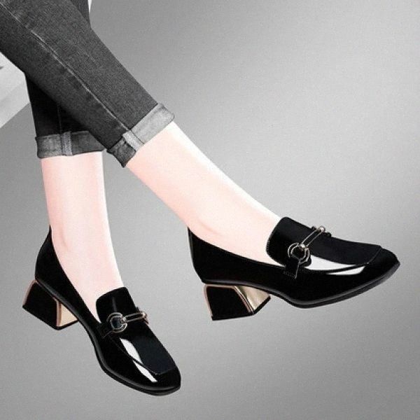 

2020 autumn new women dress shoes high heels patent leather boat shoes metal square heels pumps black office ladies 8628n #mj9v