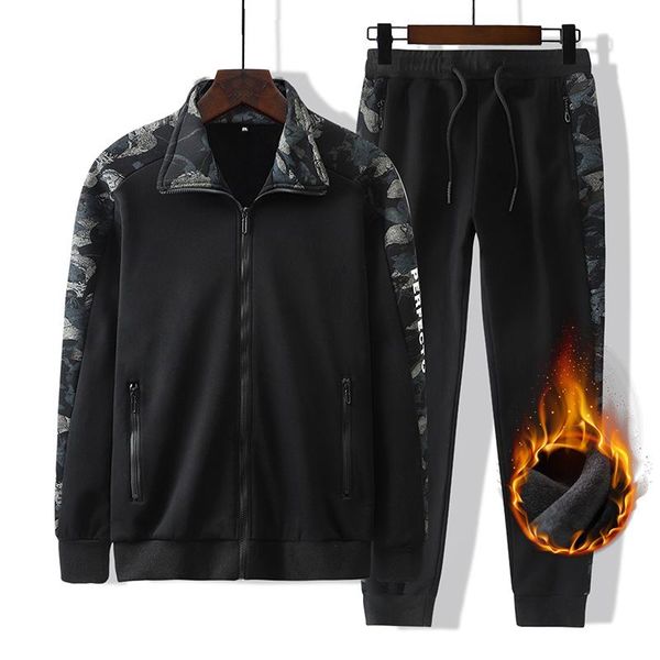 

running sets fleece sport set men  to 8xl keep warm sportswear big size winter sportsuit loose camouflage sleeves jogger gym windproof, Black;blue
