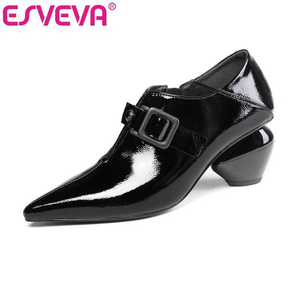 

dress shoes esveva 2021 women square high heel pu+leather zipper woman pointed toe autumn spring size 34-42, Black