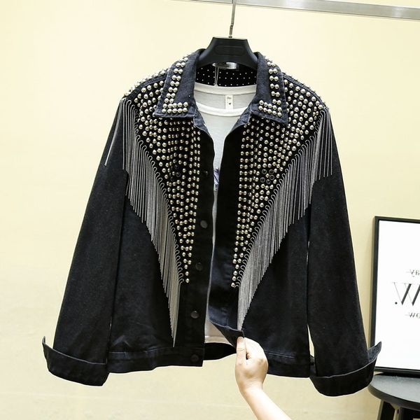 

2019 autumn denim jacket coat women rivet tassel chain short coats woman loose streetwear long sleeve black coats outerwear t200111, Black;brown