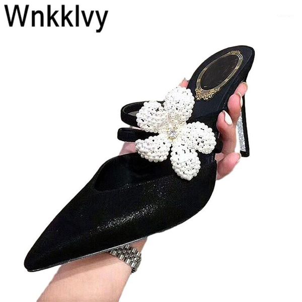 

new high heel slippers summer women's shoes crystal pearl flower pointed toe dress party sandals 2020 runway sandalias1, Black