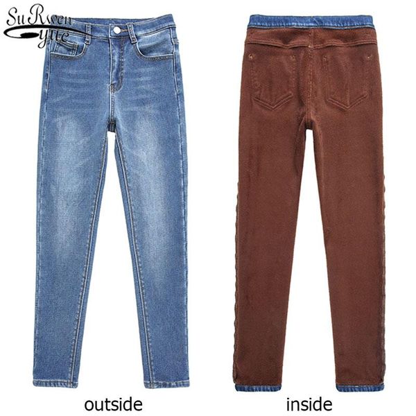 

women's jeans casual velvet women 2021 winter warm high waist lady trousers female pantalon denim for pants plus size 11371, Blue