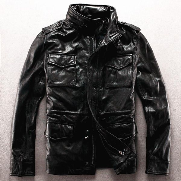 

army overcoat genuine leather clothing m65 outerwear cow leather jacket male plus size plus big size rider jacket1, Black