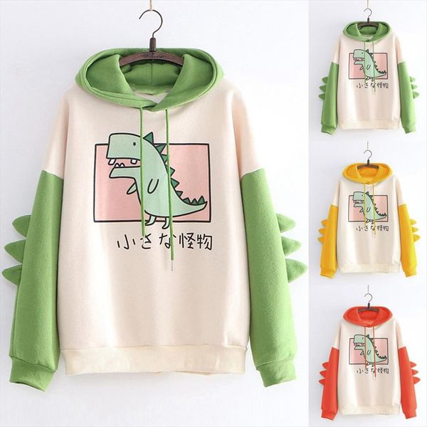 

personality dinosaur hoodies women sweatshirt casual print long sleeve splice hooded pullover ropa mujer drop shipping, Black