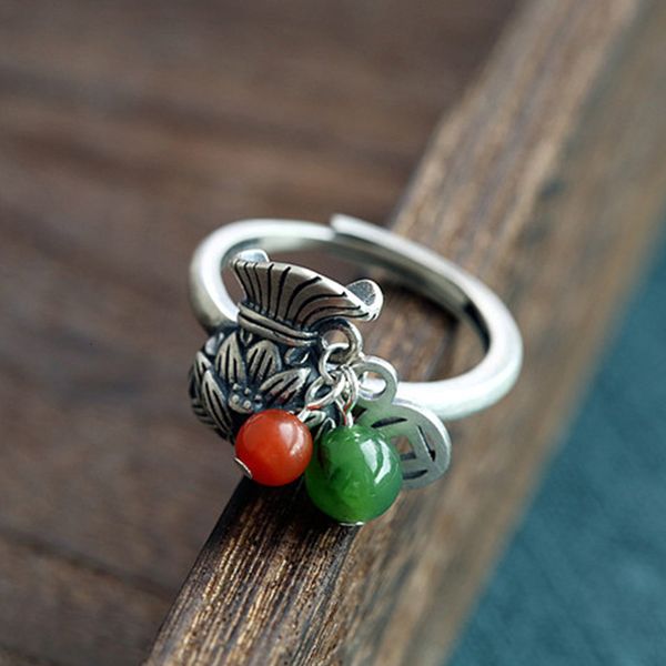 

lucky bag ring make old red green agate lotus lucky bag ring vivid personality ring, Silver