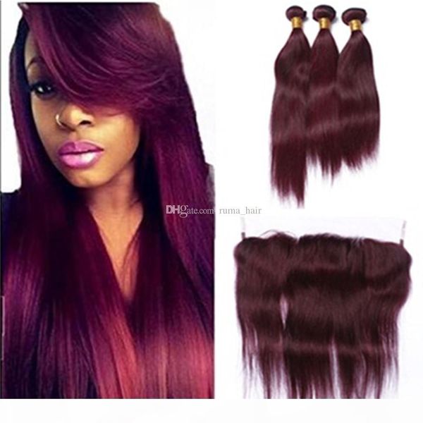 

8a brazilian hair weave 3 bundles red 99j burgundy brazilian straight virgin hair straight pure color human hair extensions with lace fronta, Black;brown
