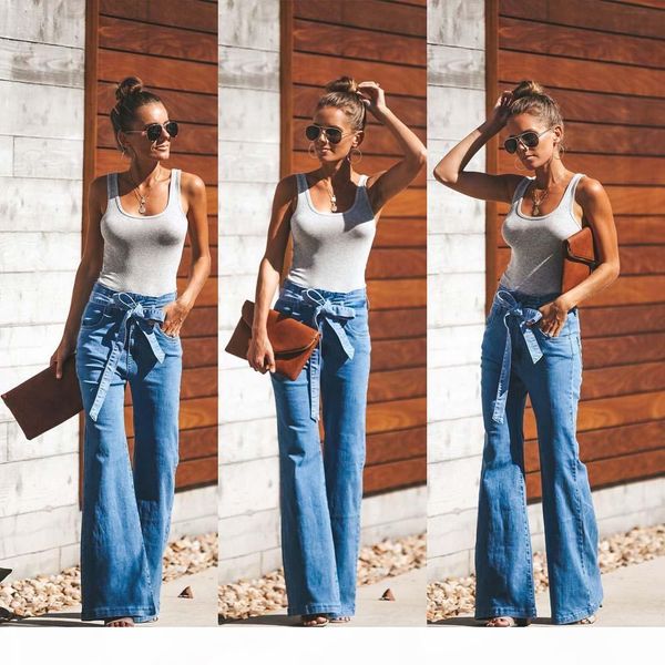

womens bell bottom pants high waist skinny denim jeans wide flared long trousers, Blue