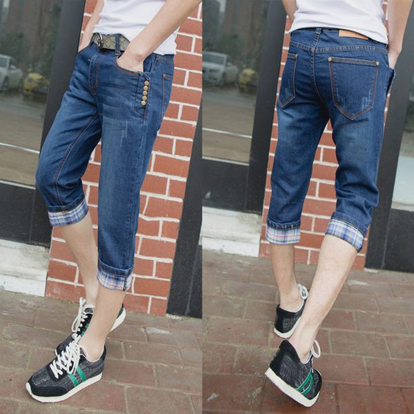 

summer casual jeans man denim male slim skinny trousers stretch teenager boys pants men multi button capri pants mens 201111, Blue