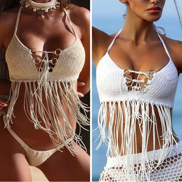 

womens knit camisole bohemian floral tassel halter holiday crochet bikini bralette bra tank vest summer beachwear, White;black