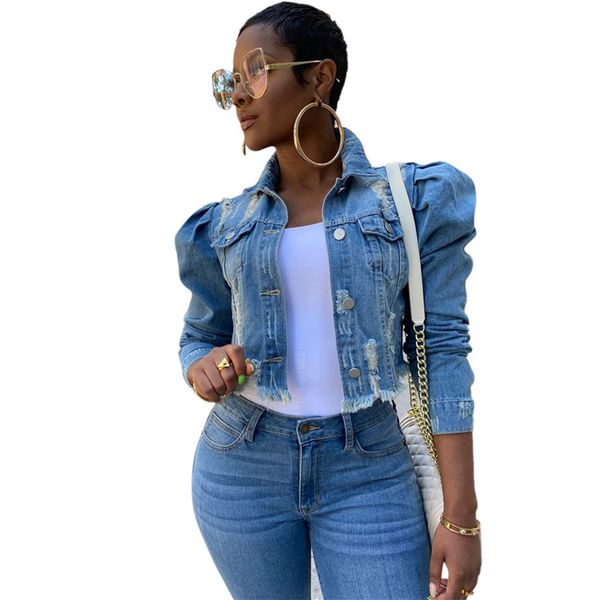

s-5xl women denim jackets streetwear hip hop vintage cropped short jean coat trend puff sleeve slim ripped jeans jacket 3 colors f92201, White
