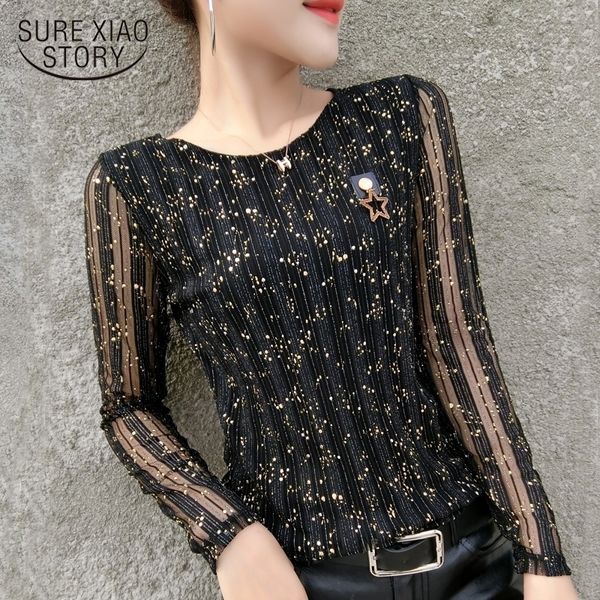 

fashion plus size women t shirt long sleeve women shirts hollow striped t-shirt bright silk skinny black women 2312 50 y200412, White