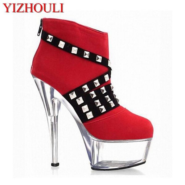

15cm women motorcycle boots short ankle winter boots 2021 new fashion rivet classic style pumps 6 inch heel shoes, Black
