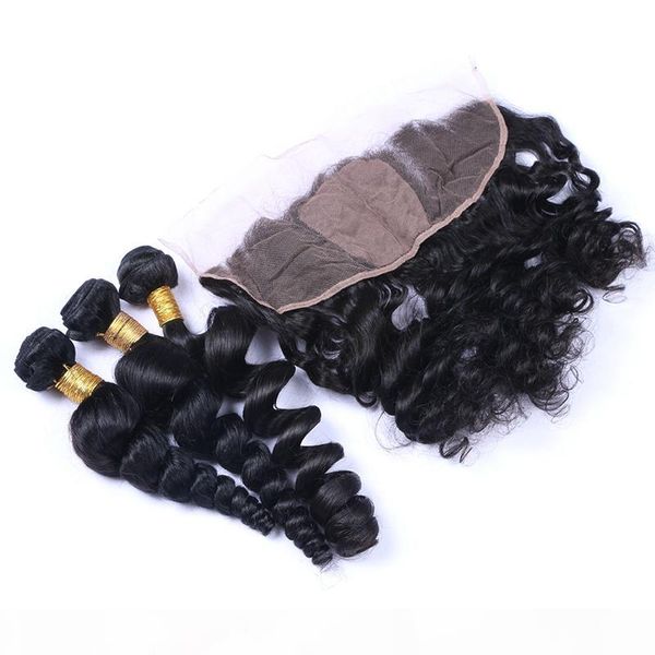 

loose wave 13x4 silk base lace frontal closure with human hair weaves 7a brazilian human hair 3bundles with silk frontals loose wave, Black