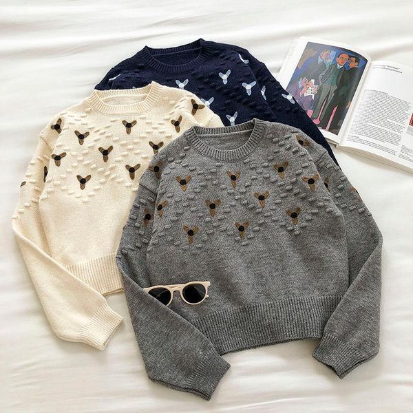 

2021 embroidery women sweater long sleeve solid o neck chic pullover korean fashion autumn winter cropped jumper, White;black