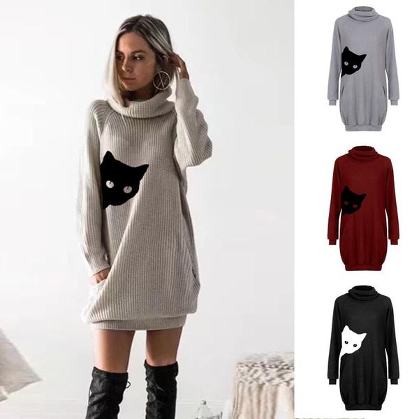 

fall winter women high neck knitted dress long sleeve pocket cute cat print narrow hem slim sweater dress long jumper, White;black