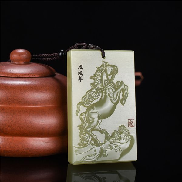 

xinjiang hetian baiyu horse pendant green white jade zodiac, Silver