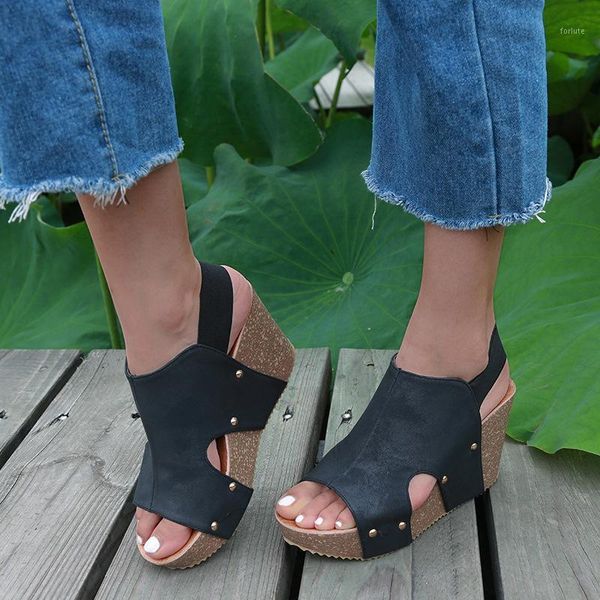 

2021 new summer women sandals ladies open toe casual shoes platform wedge slides beach leather wedge heels sandals femmes shoes1, Black