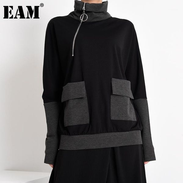 

eam] women black gray pocket big size temperament t-shirt new lapel long sleeve fashion tide spring autumn 2021 1y769011, White
