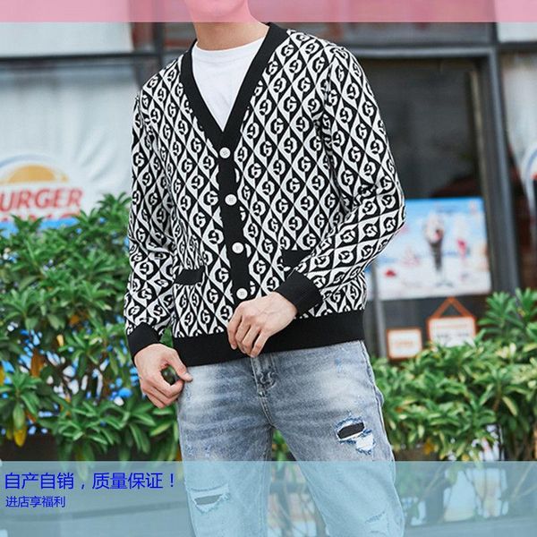 

autumn and winter new men's cardigan sweater fashion youth peach collar sweater double layer thickened jacket, White;black