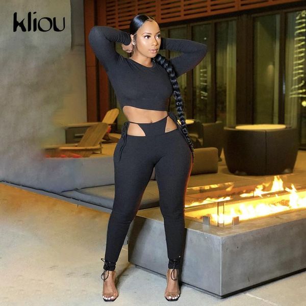 

kliou bandage solid two piece sets women 2021 autumn pullover crop leggings stretchy skinny streetwear co-ord outfits, Gray