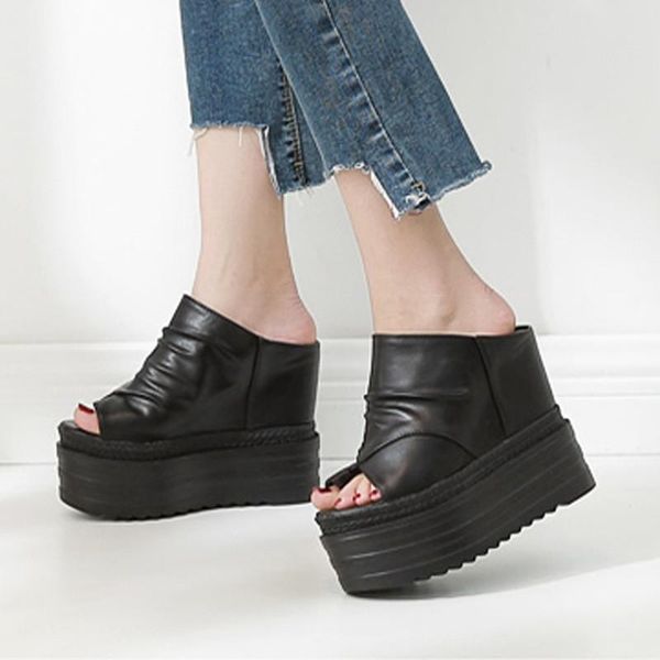 

slippers firmranch women's shoes summer retro classic black leather folds fish mouth clip toe out high slope heel