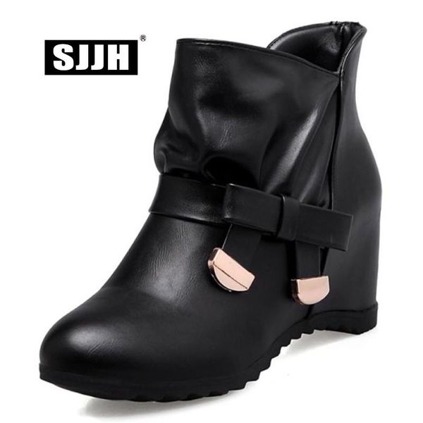 

sjjh women bowtie ankle snow boots with round toe sweet slip-on short plush casual boots autumn fashion shoes for girls a1369, Black