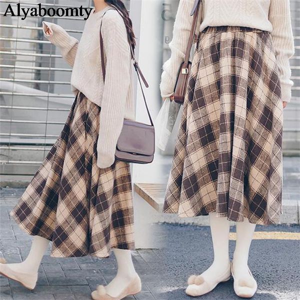 

skirts japanese mori girl autumn winter women plaid skirt high waist warm woolen vintage jupe longue elegant cute kawaii lolita skirts1, Black