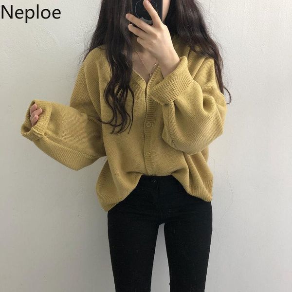 

neploe 2020 autumn new solid color ladies sweater coat loose single-breasted long-sleeved knitted cardigan jacket women 1f3761, White
