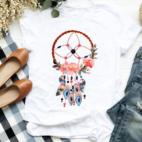 

women lady feather cute dream web floral elegant 90s print casual t tee womens tshirt female shirt clothes graphic t shirt, White