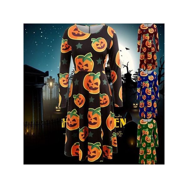 

women leisure loose halloween digital printing casual winter long-sleeve round neck high waist long dress, Black;gray