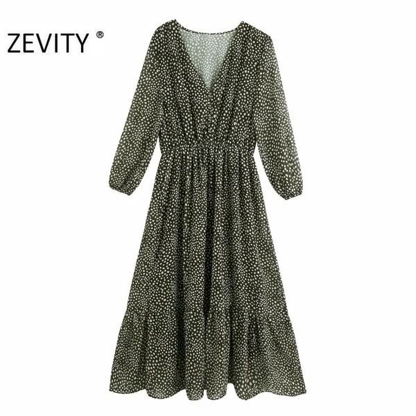 

casual dresses zevity women vintage v neck polka dots print chiffon midi dress female three quarter sleeve vestidos chic ds4357, Black;gray