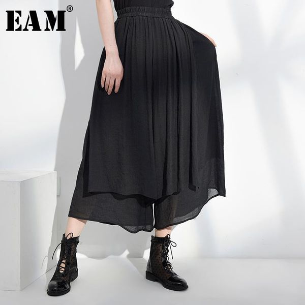 

eam] high elastic waist blue irregular wide leg trousers new loose fit pants women fashion tide spring summer 2020 1u734011, Black;white