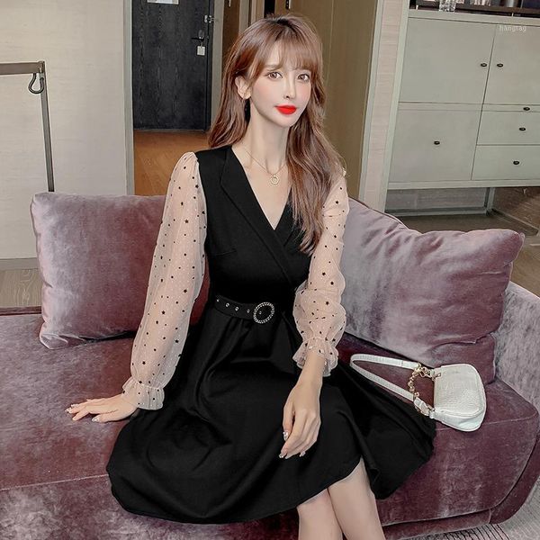 

make new winter show thin white gauze hubble-bubble sleeve v-neck accept waist splicing dress little black dress1, Black;gray