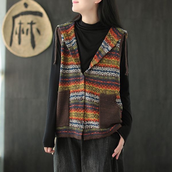 

0hqeb jacquard hooded vest early autumn 2020 new style literature and jacquard vest breasted loose and versatile jacquardart single f, White;black