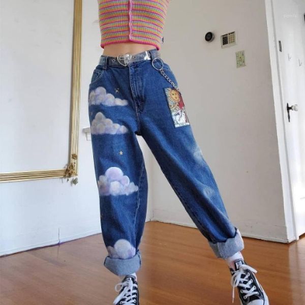 

white clouds printed pants jeans women straight cute female denim long pants trousers fashion chic women jeans1, Blue