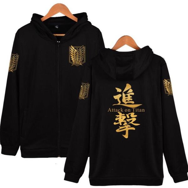 

anime attack on titan men hoodies sweatshirts cosplay costume streetwear hip hop fleece zipper hooded jacket outerwear, Black