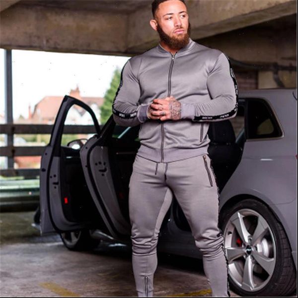 

2021 new men sets fashion sporting suit brand patchwork zipper sweatshirt sweatpants mens clothing 2 pieces sets slim tracksuit, Gray