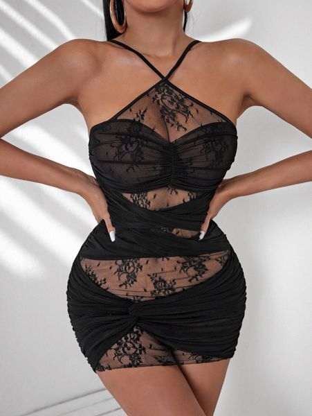 

sxy contrast lace ruched bodycon cami dress 81hz#, Black;gray