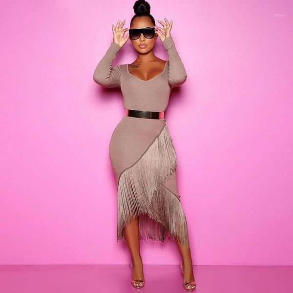 

womens dresses skinny long sleeve slim women dress solid color spring summer clothing tassel scoop neck, Black;gray