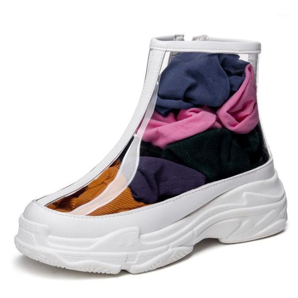 

us4-13 womens sneakers clear transparent pve side zip platform shoes transparency casual ankle boots black white plus size c5011