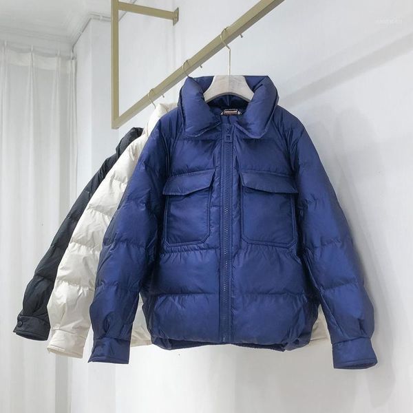 

women 2020 new winter white duck down glossy jacket female fashion loose solid color parka ladies thicken warm snow outwear d1311, Black