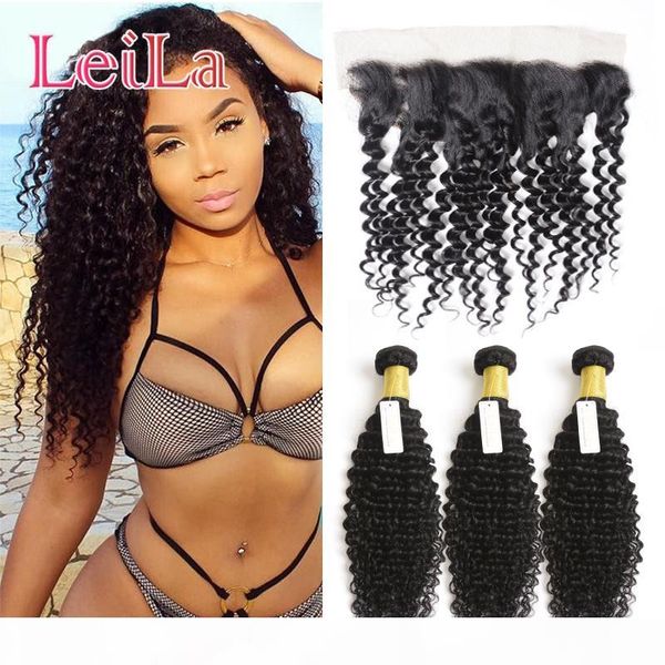 

brazilian human hair extensions 3 bundles with 13 x 4 lace frontal dyeable hair weaves frontal deep wave curly ing, Black;brown