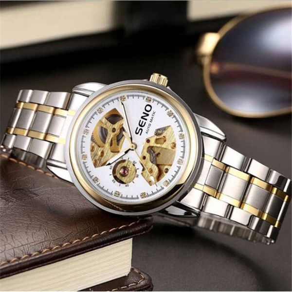

men's automatic waterproof hollow mechanical watch steel belt watch watch shenzhen, Slivery;brown