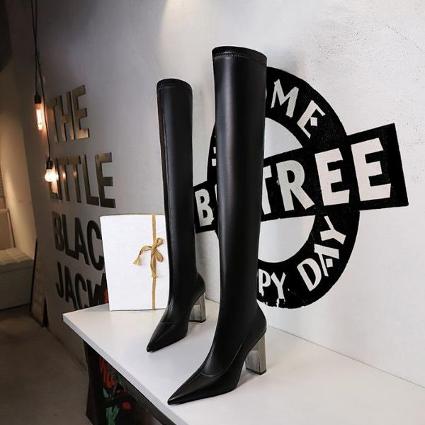 

bigtree women black pu leather over-the-knee boots metal square heel heels shoes pointed toe ladies motorcycle booties