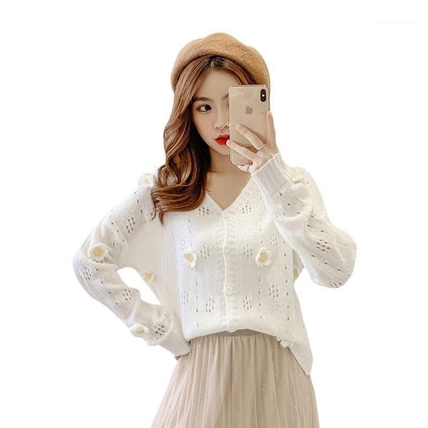 

women's knits & tees spring and autumn 2021 fashion loose cut out sweater women long sleeve sweet flower women1, White